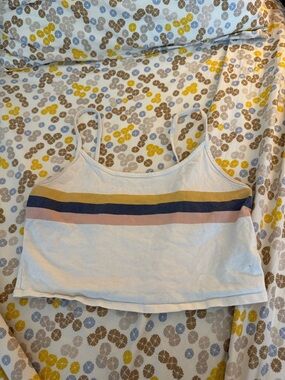 American Eagle Women’s Ivory Cropped Tank with Blue, Pink & Mustard Stripes